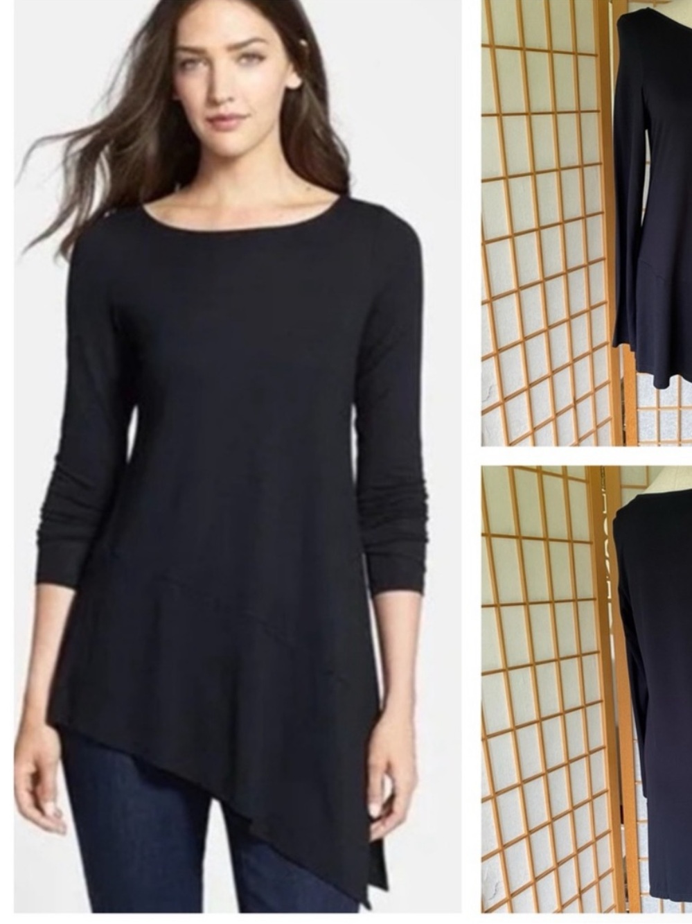 Eileen Fisher Black Viscose Asymmetric Hem Long Sleeve Tunic SZ S/P